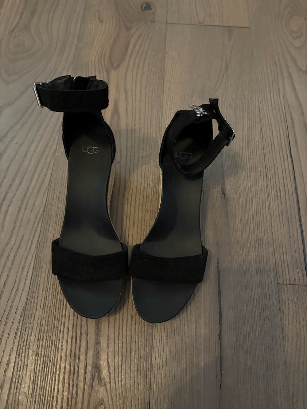 UGG Black Suede Ankle Strap Heels